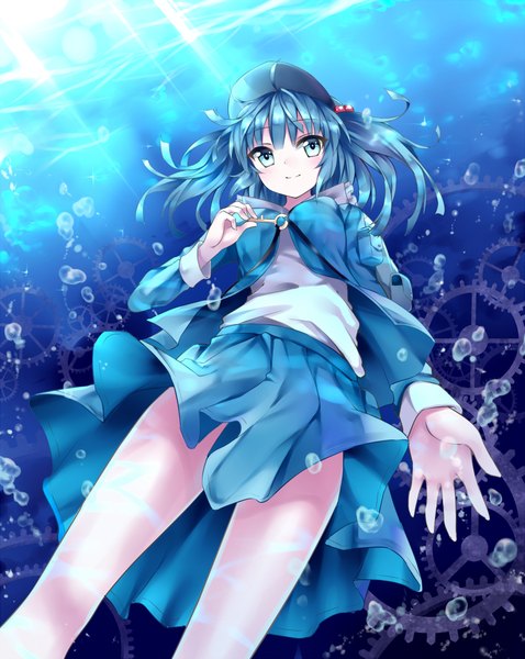 Anime picture 881x1105 with touhou kawashiro nitori bon (artist) single tall image short hair blue eyes smile twintails blue hair looking away sunlight short twintails underwater girl skirt bubble (bubbles) skirt set flat cap key