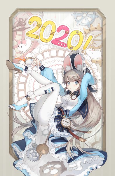 Anime picture 1400x2131 with original soyoong jun single long hair tall image blue eyes animal ears looking away full body grey hair high heels arm behind head new year 2020 mouse ears mouse girl girl dress hat animal