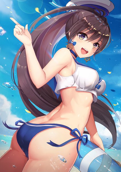Anime picture 1061x1500 with hearts recollection l.bou single long hair tall image looking at viewer fringe breasts open mouth light erotic smile hair between eyes brown hair standing holding sky cloud (clouds) ass :d black eyes