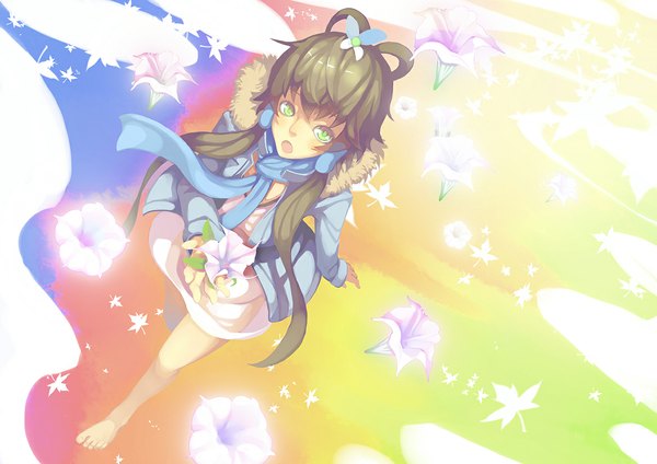 Anime picture 1169x827 with vocaloid vocaloid china luo tianyi madyy single long hair blush open mouth brown hair green eyes barefoot open clothes open jacket girl dress hair ornament flower (flowers) scarf