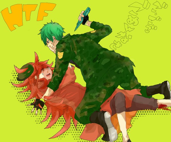 Anime picture 2400x2000 with happy tree friends flippy flaky shimoda (artist) long hair highres short hair red eyes red hair green hair spiked hair military personification girl dress boy gloves uniform fingerless gloves blood