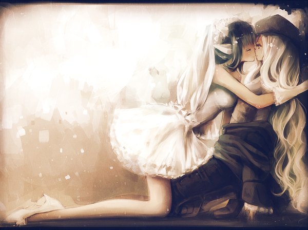 Anime picture 1100x822 with original asahiro long hair blush bare shoulders multiple girls brown eyes silver hair eyes closed green hair pointy ears shoujo ai sitting on person almost kiss against tree girl dress gloves hair ornament 2 girls