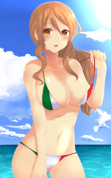 Anime picture 569x905 with kantai collection littorio (kantai collection) moshoko (mizuneroku) long hair tall image blush breasts open mouth light erotic brown hair large breasts brown eyes sky cloud (clouds) ponytail beach horizon flag print girl navel