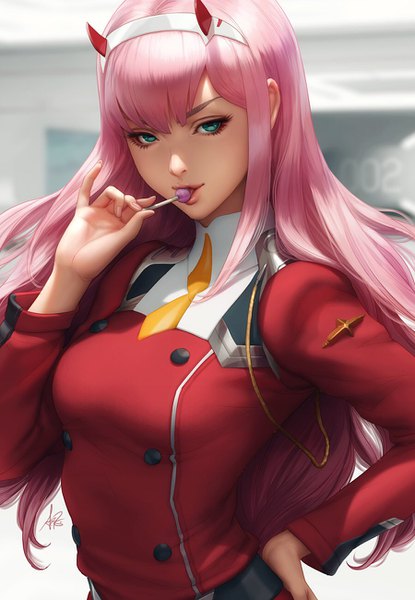 Anime picture 900x1300 with darling in the franxx studio trigger zero two (darling in the franxx) artgerm (stanley lau) single long hair tall image looking at viewer blush fringe breasts holding signed pink hair upper body horn (horns) aqua eyes fingernails realistic hand on hip