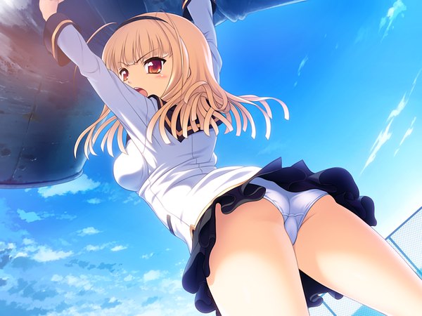 Anime picture 1200x900 with light erotic blonde hair game cg pantyshot girl underwear panties serafuku