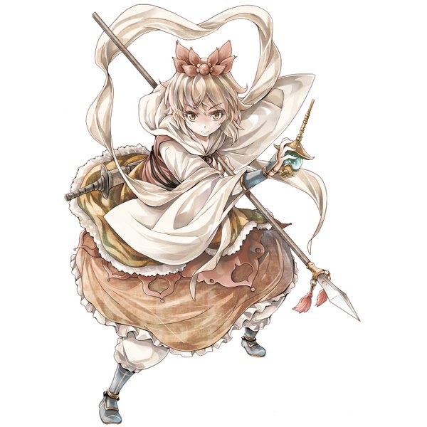 Anime picture 1447x1447 with touhou toramaru shou michii yuuki single looking at viewer short hair simple background blonde hair white background holding yellow eyes traditional clothes light smile girl weapon sword lantern spear