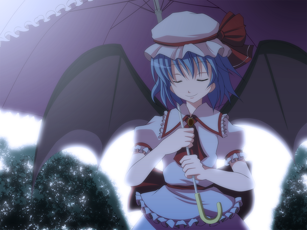 Anime picture 1600x1200 with touhou remilia scarlet s-syogo single short hair smile blue hair eyes closed girl dress wings frills umbrella bonnet