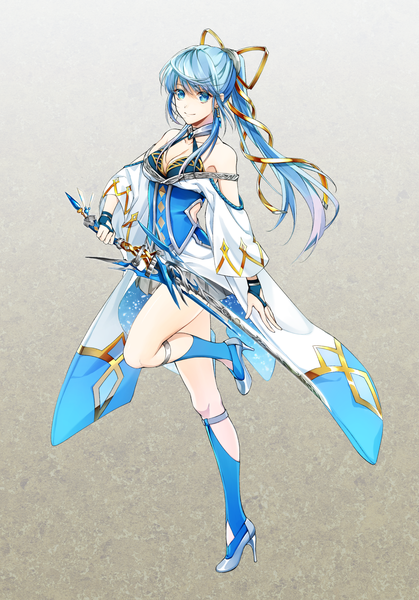Anime picture 1218x1744 with tokki single long hair tall image looking at viewer fringe breasts blue eyes smile standing holding blue hair cleavage bent knee (knees) ponytail wide sleeves high heels gradient background standing on one leg leg lift (legs lift)