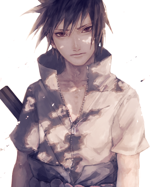 Anime picture 750x933 with naruto studio pierrot naruto (series) uchiha sasuke subuta (butabutasubuta) single tall image looking at viewer fringe short hair black hair simple background hair between eyes white background upper body head tilt black eyes unzipped popped collar boy