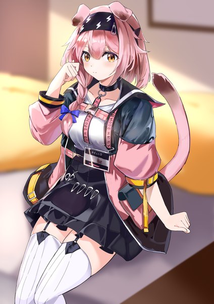 Anime picture 3307x4677 with arknights goldenglow (arknights) pomegranate nana single long hair tall image fringe highres hair between eyes sitting animal ears looking away pink hair absurdres indoors tail braid (braids) animal tail cat ears cat girl