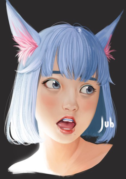 Anime picture 1240x1754 with original lizha (jubi) jubi (regiana) single tall image fringe short hair open mouth simple background signed animal ears blue hair looking away blunt bangs lips cat ears realistic mole teeth grey eyes