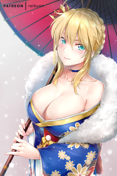 Anime-Bild 666x1000 mit fate (series) fate/grand order artoria pendragon (all) artoria pendragon (lancer) rei kun single tall image looking at viewer blush fringe short hair breasts light erotic blonde hair hair between eyes large breasts standing bare shoulders holding signed