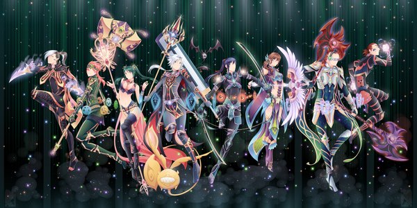 Anime picture 4000x2005 with d.gray-man allen walker kanda yuu lavi lenalee lee timcanpy miranda lotto arystar krory noise marie chaozii han shailo (artist) long hair looking at viewer highres short hair smile brown hair wide image twintails purple eyes