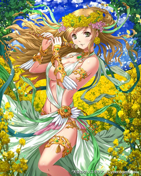Anime picture 800x1000 with tenkuu no crystalia sakiyamama single long hair tall image looking at viewer blush fringe breasts light erotic blonde hair smile large breasts standing bare shoulders holding green eyes sky cleavage cloud (clouds)