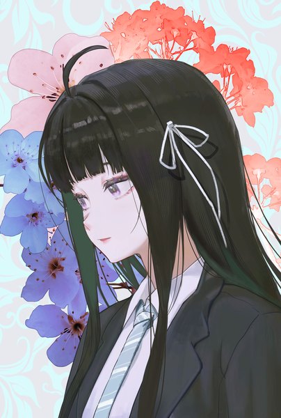 Anime picture 1994x2962 with girls band cry toei animation awa subaru c1718259 single long hair tall image fringe highres black hair purple eyes looking away upper body ahoge blunt bangs portrait floral background girl ribbon (ribbons) hair ribbon