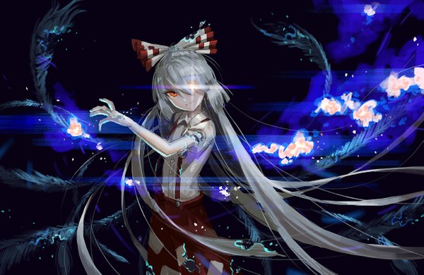 Anime picture 1230x800 with touhou fujiwara no mokou seeker single looking at viewer fringe smile red eyes standing silver hair very long hair outstretched arm girl bow hair bow feather (feathers) suspenders flame
