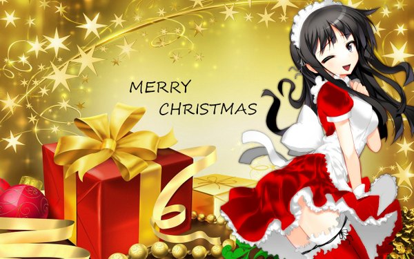 Anime picture 1280x800 with k-on! kyoto animation akiyama mio single long hair blue eyes black hair wide image one eye closed wink maid christmas merry christmas girl thighhighs ribbon (ribbons) star (symbol) gift santa claus costume christmas present