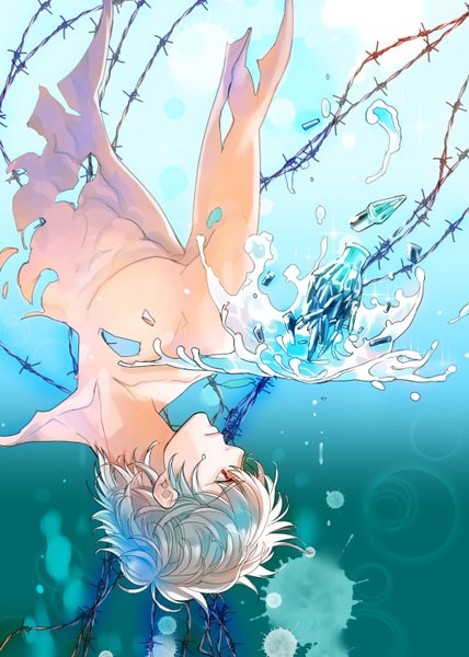 Anime picture 1068x1498 with gintama sunrise (studio) sakata gintoki silversnow single tall image short hair red eyes silver hair profile topless upside down boy water bottle debris barbed wire