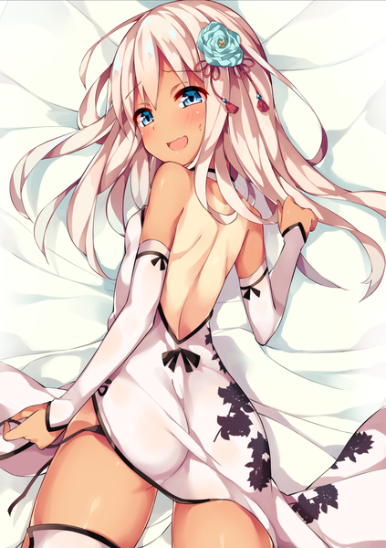 Anime picture 924x1309 with kantai collection ro-500 submarine unacchi (nyusankin) single long hair tall image looking at viewer blush fringe open mouth blue eyes light erotic smile hair between eyes bare shoulders silver hair ass indoors lying traditional clothes