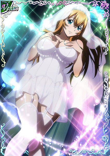 Anime picture 567x800 with ikkitousen sonsaku hakufu single long hair tall image looking at viewer fringe breasts light erotic blonde hair hair between eyes large breasts standing cleavage aqua eyes sparkle from below dutch angle sleeveless card (medium)