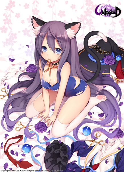 Anime picture 726x1000 with unleashed byulzzimon single tall image looking at viewer light erotic animal ears purple hair tail very long hair animal tail cat ears cat girl cat tail girl thighhighs flower (flowers) ribbon (ribbons) hat petals