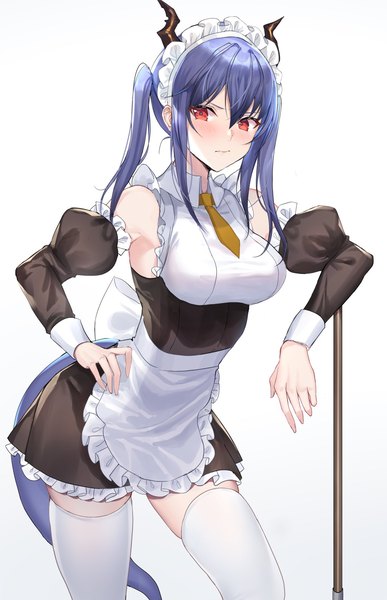Anime picture 1120x1736 with arknights ch'en (arknights) kernel killer single long hair tall image looking at viewer blush fringe breasts simple background hair between eyes red eyes standing white background twintails payot blue hair tail horn (horns)