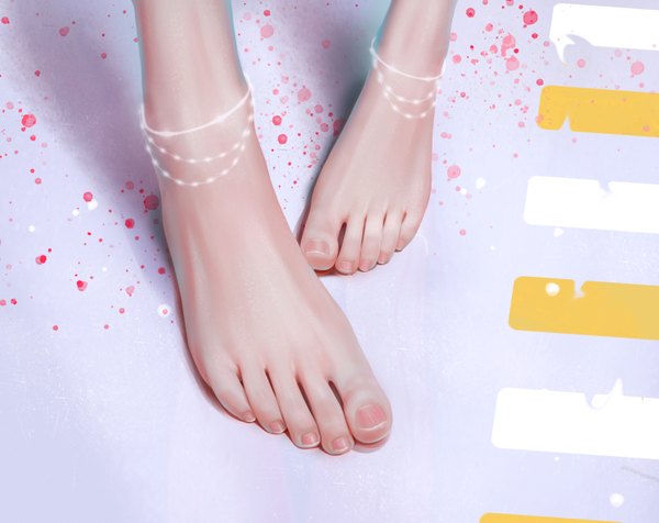 Anime picture 5973x4746 with original qizhu single highres simple background absurdres barefoot realistic close-up toenails pov feet girl toes anklet paint paint splatter