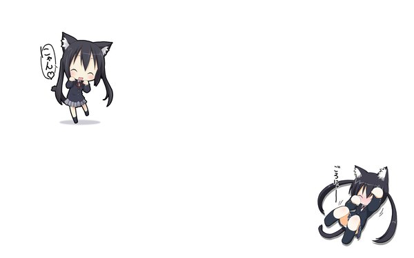 Anime picture 1920x1200 with k-on! kyoto animation nakano azusa highres black hair simple background wide image white background animal ears tail cat girl chibi girl serafuku