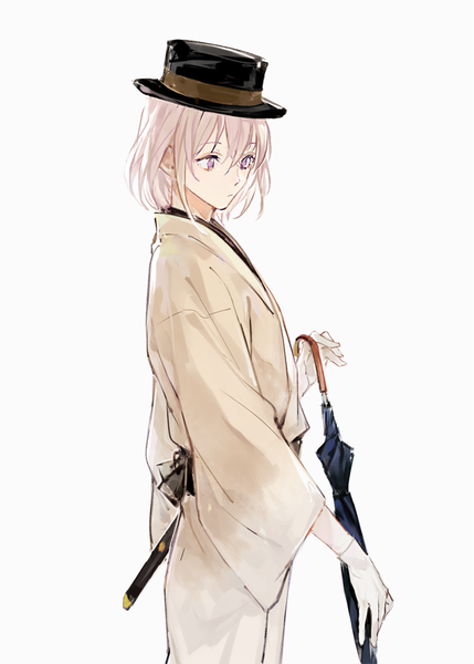 Anime picture 644x900 with touken ranbu nitroplus honebami toushirou wonkrin single tall image short hair simple background standing white background purple eyes white hair traditional clothes japanese clothes looking down closed umbrella boy gloves weapon hat