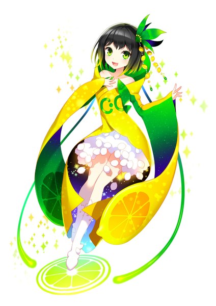 Anime picture 990x1400 with original c.c. lemon c.c. lemon (character) nardack single tall image looking at viewer blush short hair open mouth black hair simple background smile white background green eyes long sleeves girl dress hair ornament knee boots