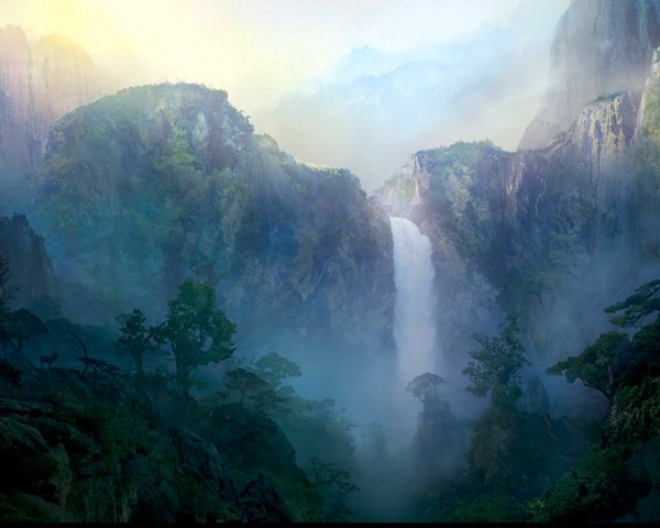 Anime picture 1280x1024 with sky mountain landscape waterfall plant (plants) tree (trees) water forest