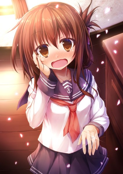 Anime picture 836x1181 with kantai collection inazuma destroyer suien single long hair tall image looking at viewer blush open mouth brown hair brown eyes ponytail indoors hand on face surprised girl skirt miniskirt petals ring