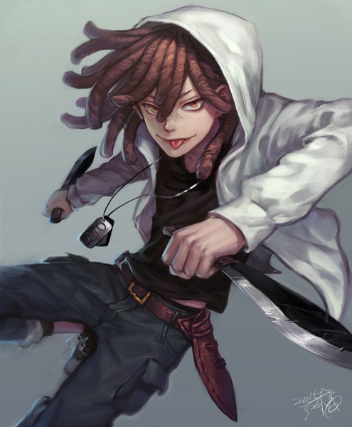 Anime picture 800x970 with gangsta. doug (gangsta) fan ju single long hair tall image looking at viewer simple background brown hair brown eyes signed grey background open jacket :p freckles boy weapon jacket belt tongue