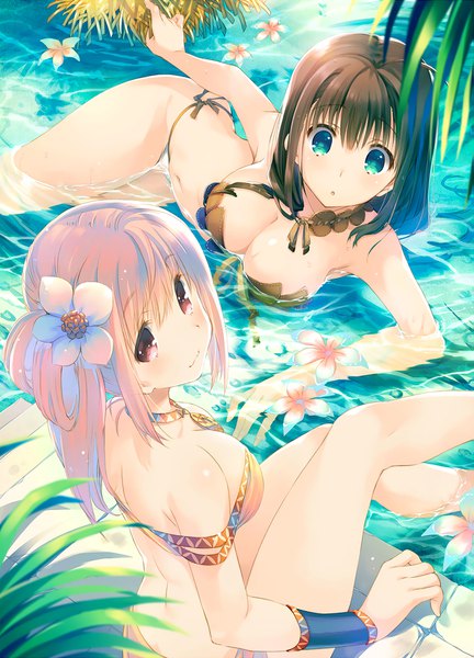 Anime picture 1295x1796 with dungeon travelers 2 melvy de florencia conette st. honore mitsumi misato long hair tall image looking at viewer blush fringe breasts light erotic hair between eyes brown hair large breasts multiple girls pink hair pink eyes aqua eyes from above shadow