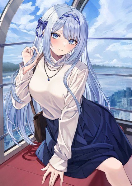 Anime picture 2894x4093 with original kurousagi yuu single long hair tall image looking at viewer blush fringe highres blue eyes smile sitting silver hair cloud (clouds) long sleeves pleated skirt city cityscape girl skirt