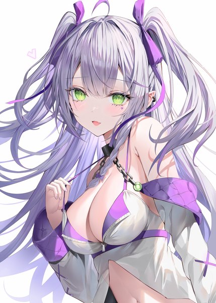 Anime-Bild 1359x1899 mit original rin yuu single long hair tall image looking at viewer blush fringe breasts open mouth light erotic simple background smile large breasts white background green eyes silver hair upper body :d two side up
