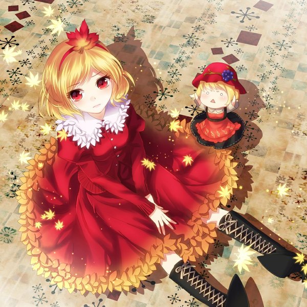 Anime picture 1000x1000 with touhou aki minoriko aki shizuha nunucco short hair blonde hair red eyes sitting girl dress boots hairband leaf (leaves)