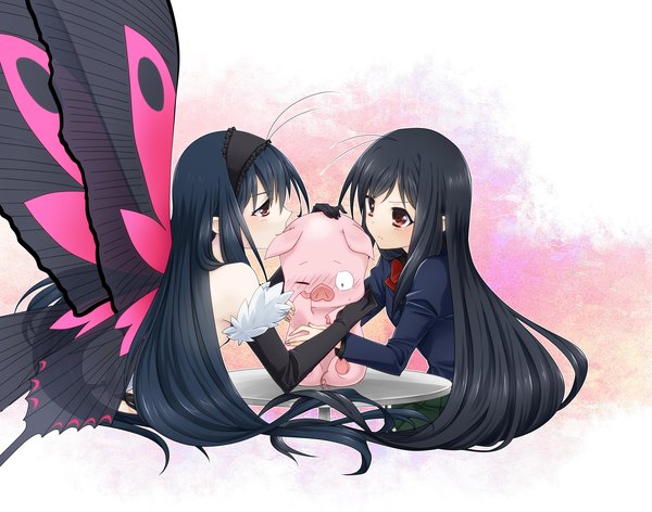 Anime picture 1726x1360 with accel world sunrise (studio) kuroyukihime arita haruyuki izumi kikaku (artist) blush highres black hair red eyes multiple girls ahoge one eye closed wink dual persona insect wings butterfly wings girl gloves uniform 2 girls