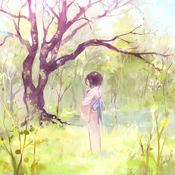Anime picture 1400x1400 with original alt (apou) single short hair brown hair standing eyes closed traditional clothes japanese clothes light smile sunlight nature praying girl flower (flowers) plant (plants) tree (trees) water kimono grass