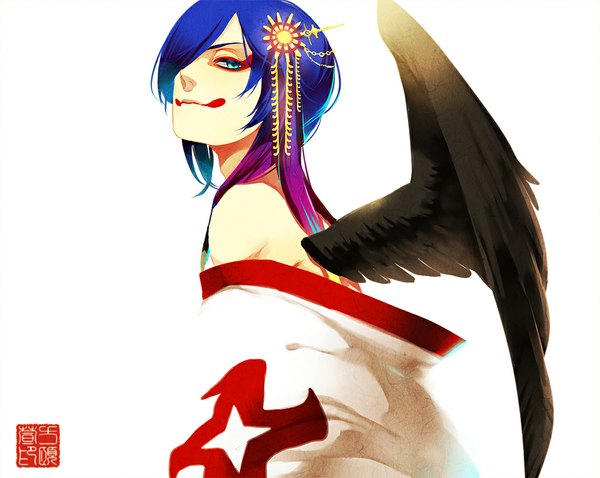 Anime picture 1000x797 with original pluehunter single long hair looking at viewer blue eyes simple background white background bare shoulders blue hair purple hair multicolored hair two-tone hair black wings makeup boy hair ornament wings