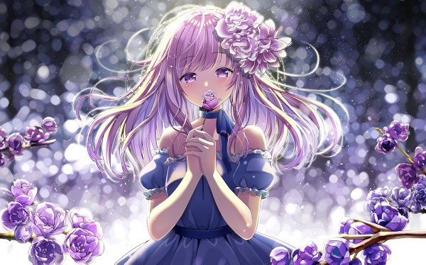 Anime picture 1200x749 with original yuuka nonoko single long hair looking at viewer blush fringe simple background wide image standing purple eyes bare shoulders holding payot purple hair blunt bangs nail polish hair flower fingernails floating hair