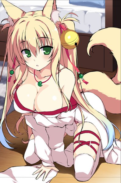 Anime picture 805x1216 with original yuzu modoki single long hair tall image looking at viewer blush fringe breasts light erotic blonde hair hair between eyes large breasts twintails bare shoulders green eyes animal ears payot bent knee (knees) indoors