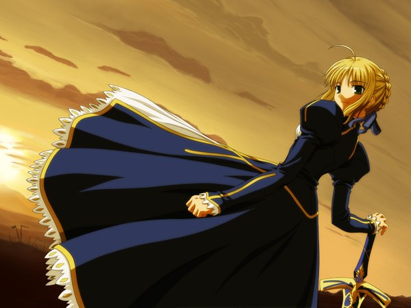 Anime picture 1600x1200 with fate (series) fate/stay night studio deen type-moon artoria pendragon (all) saber yellow background dress sword