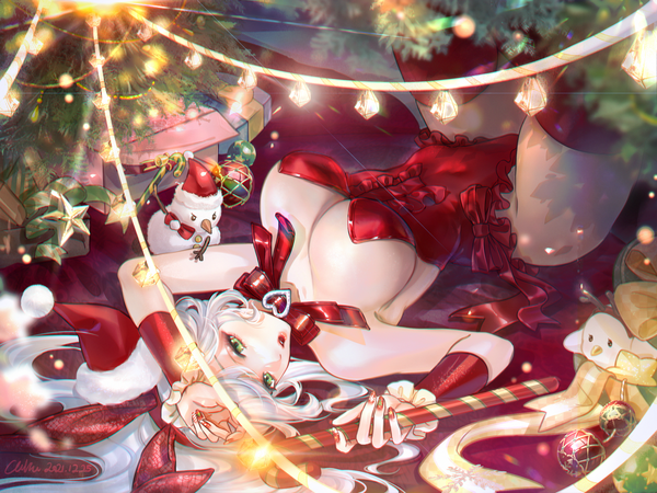 Anime picture 2500x1875 with original culiu single long hair highres breasts light erotic large breasts green eyes animal ears cleavage silver hair lying nail polish on back bunny ears dated fake animal ears christmas red nail polish