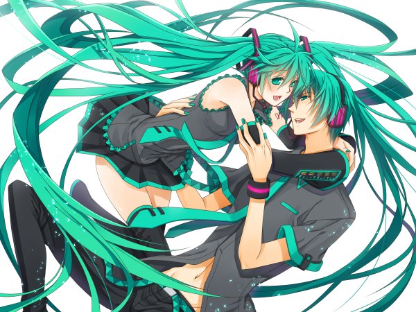 Anime picture 1200x900 with vocaloid hatsune miku hatsune mikuo yuuno (yukioka) long hair simple background white background very long hair nail polish couple hug girl boy navel detached sleeves necktie