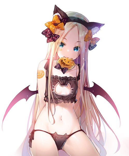 Anime picture 1328x1600 with fate (series) fate/grand order abigail williams (fate) miwabe sakura single long hair tall image looking at viewer blue eyes light erotic simple background blonde hair sitting holding animal ears head tilt sparkle tattoo underwear only mouth hold