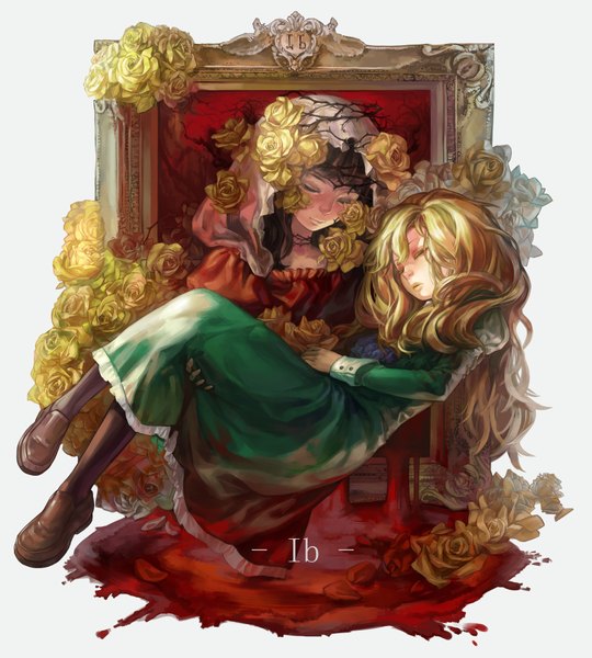 Anime picture 1754x1949 with ib (game) ib (ib) mary (ib) l.green long hair tall image fringe highres simple background blonde hair brown hair white background multiple girls eyes closed lips bloody clothes death girl dress flower (flowers)