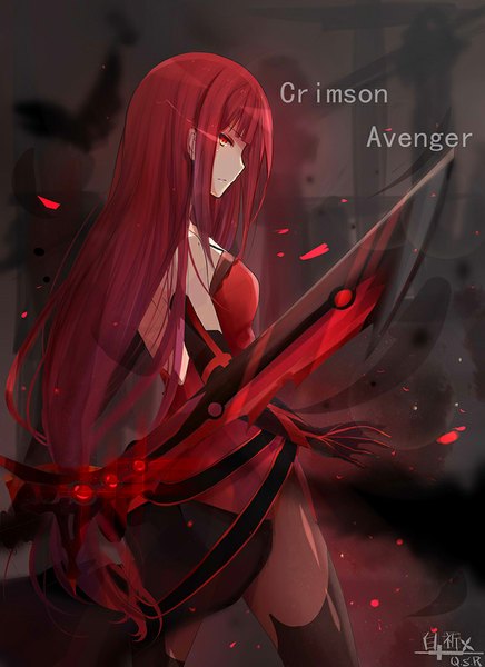 Anime picture 728x1000 with elsword elesis (elsword) crimson avenger (elsword) bai qi-qsr single long hair tall image looking at viewer fringe red eyes bare shoulders signed red hair profile text back smoke english girl gloves