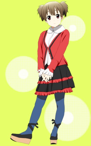 Anime picture 1200x1920 with k-on! kyoto animation suzuki jun yunotimo (artist) single tall image short hair simple background red eyes brown hair standing yellow background girl skirt miniskirt
