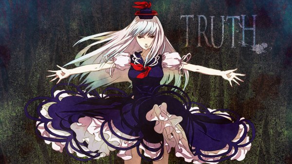 Anime picture 1280x720 with touhou kamishirasawa keine egawa satsuki single long hair red eyes wide image white hair inscription spread arms girl dress tokin hat